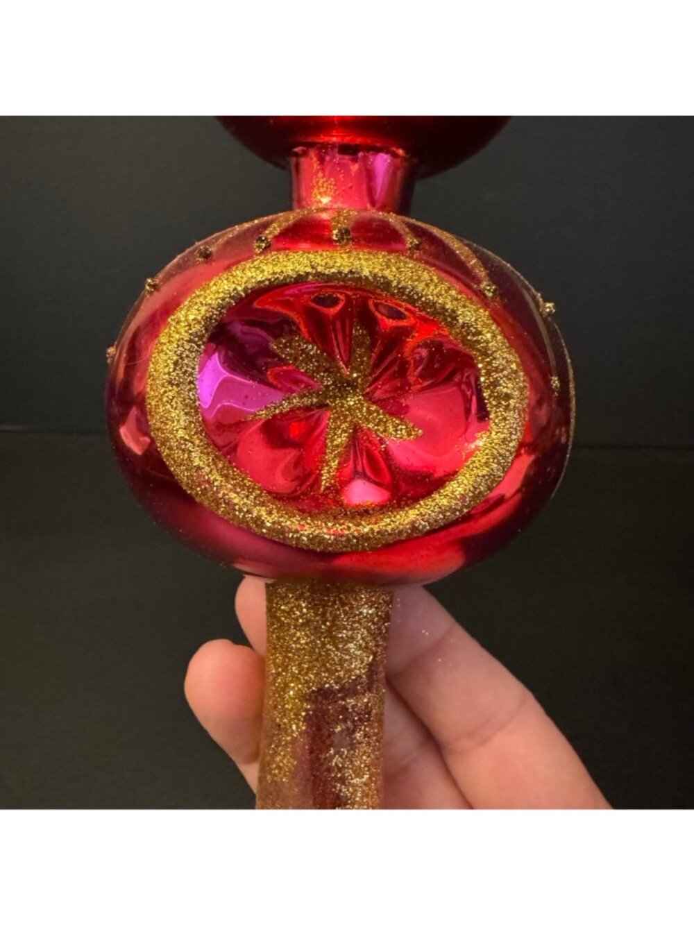 VTG Pink & Gold Glass Christmas Tree Topper Glitter Accents Double Indent Ball - Picture 2 of 16